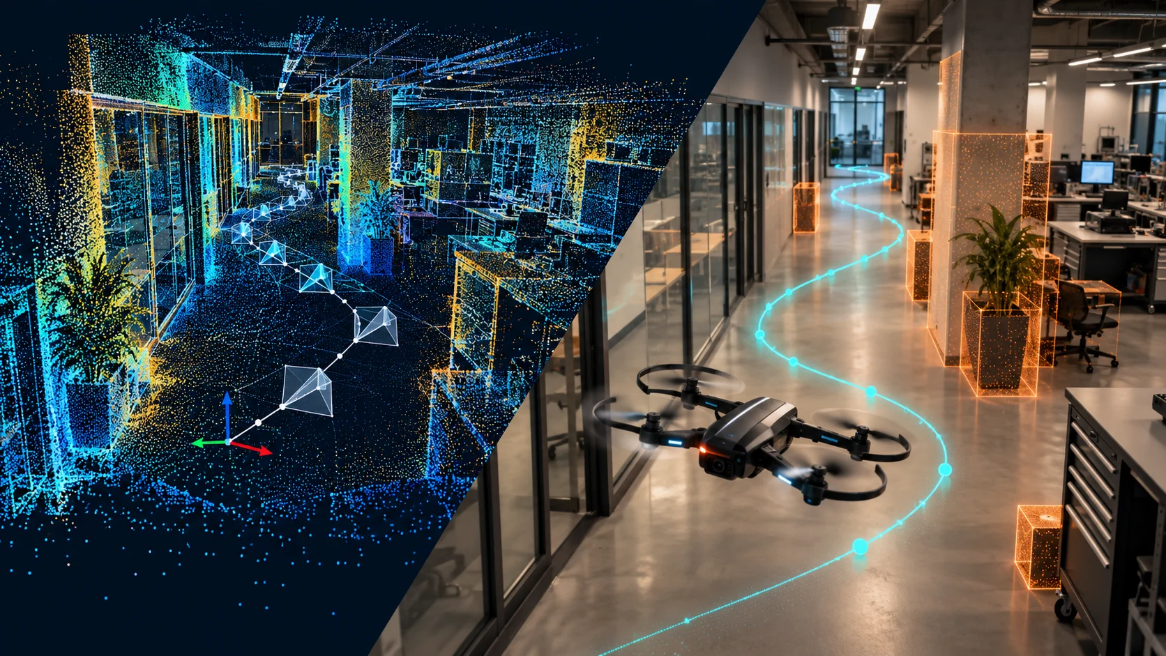 Conceptual split view of a SLAM point-cloud map and an indoor drone trajectory plan